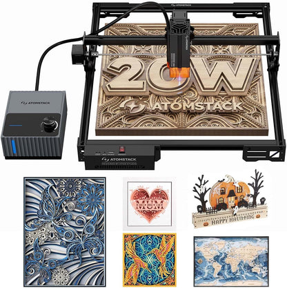 ATOMSTACK 20W A20 PRO V2 Laser Engraver with Auto Air Assist, 0.06Mm High Accuracy Laser Cutter for Wood, Metal, Acrylic and Glass, Professional DIY Laser Engraving Machine with Eye Protection