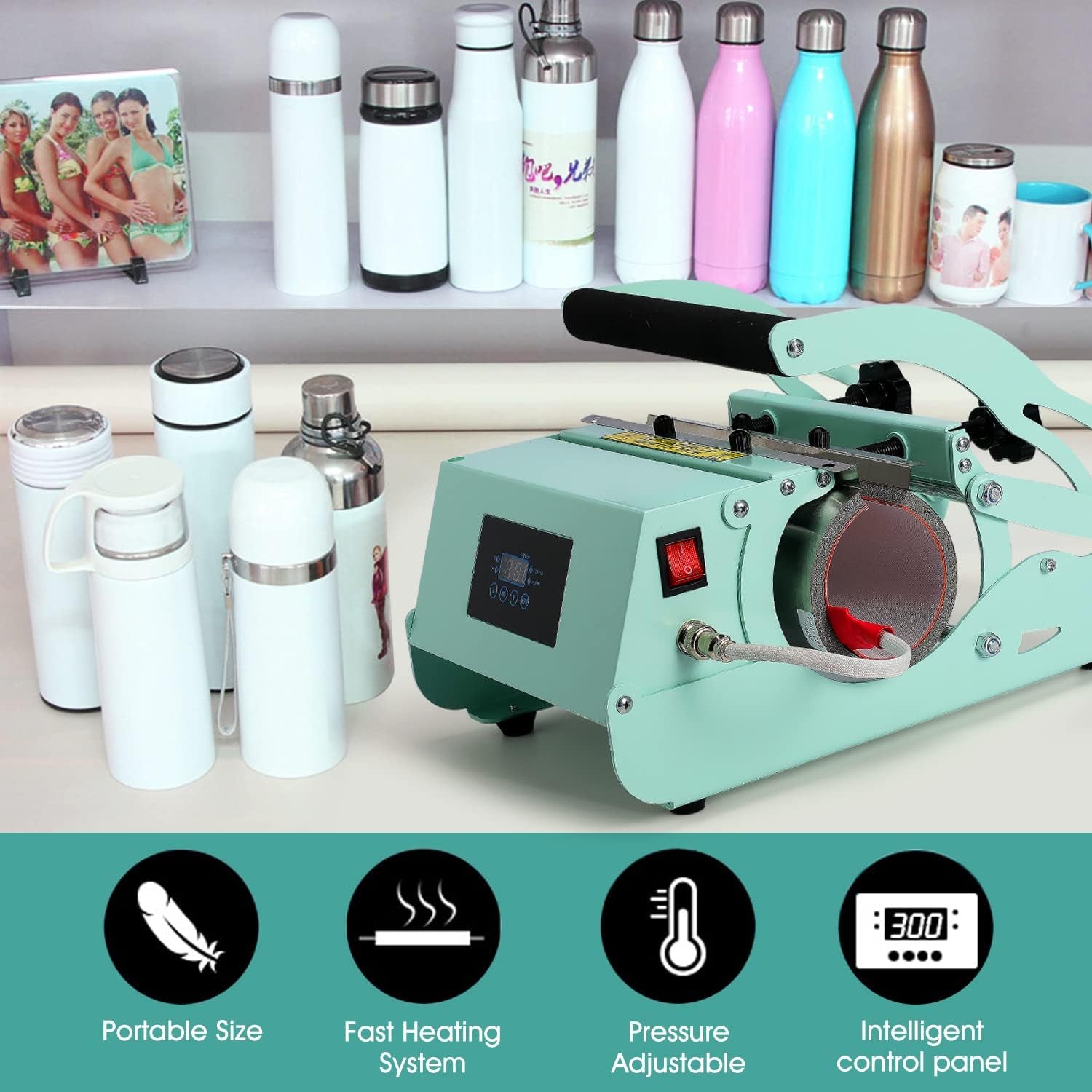 Tumbler Mug Heat Press Machine 30Oz 20Oz 16Oz Sublimation Straight Blank Skinny Tumbler Glass Jar Can - DIY Heat Transfer Vinyl with Temp&Timer Setting for 11-16Oz Coffee/Ceramic Mugs (Mint Green)