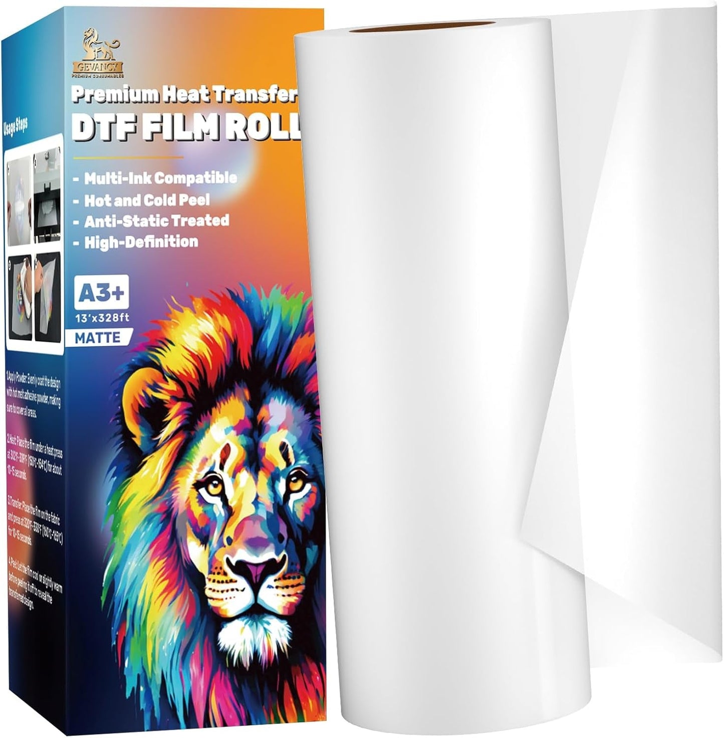 DTF Transfer Film Roll 13 Inch × 328Ft, A3+ PET Film, Matte, Cold & Hot Peel Compatible, Double Sided Coated DTF Film for A3 DTF Printer, R1390, M1630, XP600, L1800(13In*328Ft Matte)