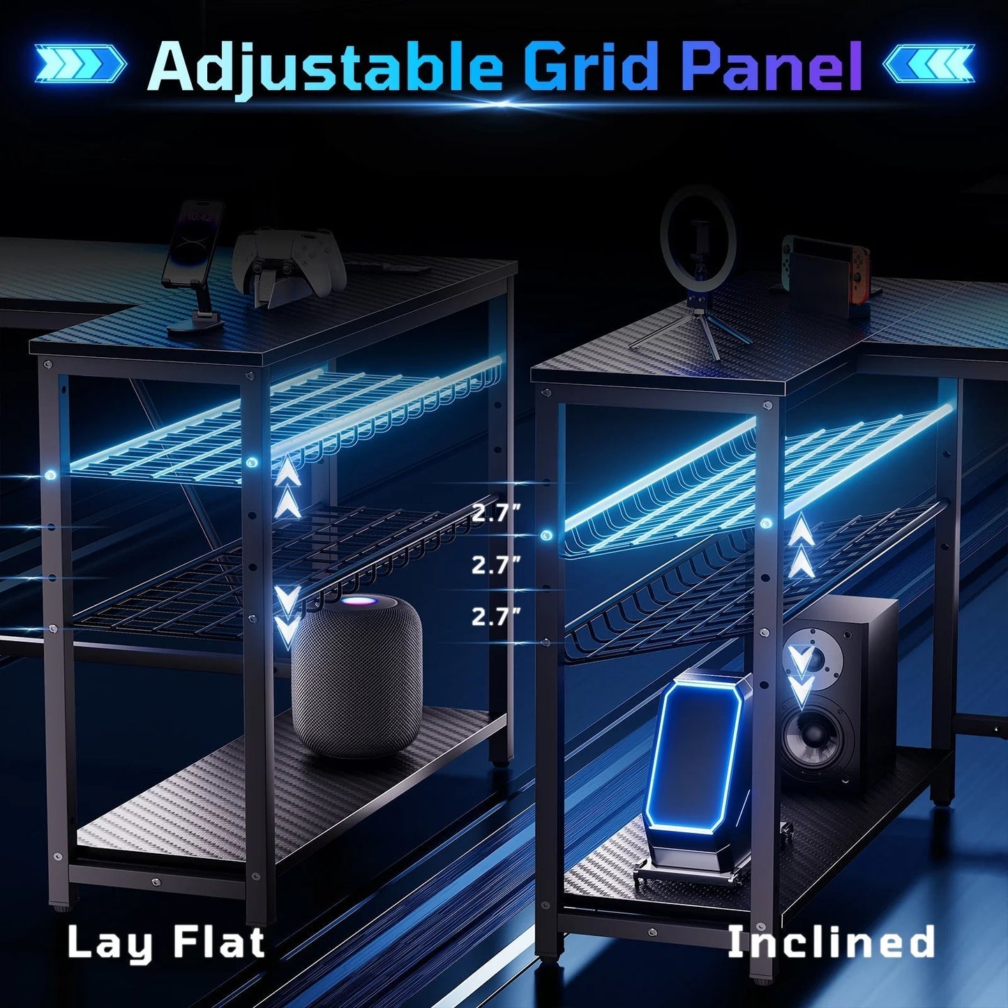 42" Reversible L-Shaped Gaming Desk: Equipped with Power Outlets, LED Lights, Adjustable Shelves & Hooks for Small Spaces ,Bedrooms & Offices, Carbon Fiber Black