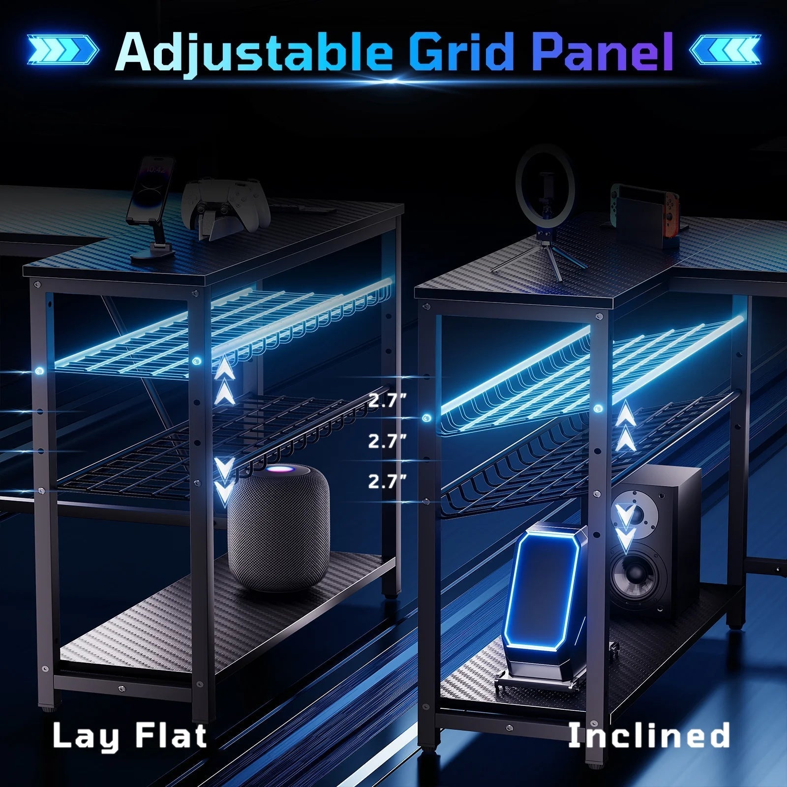 42" Reversible L-Shaped Gaming Desk: Equipped with Power Outlets, LED Lights, Adjustable Shelves & Hooks for Small Spaces ,Bedrooms & Offices, Carbon Fiber Black