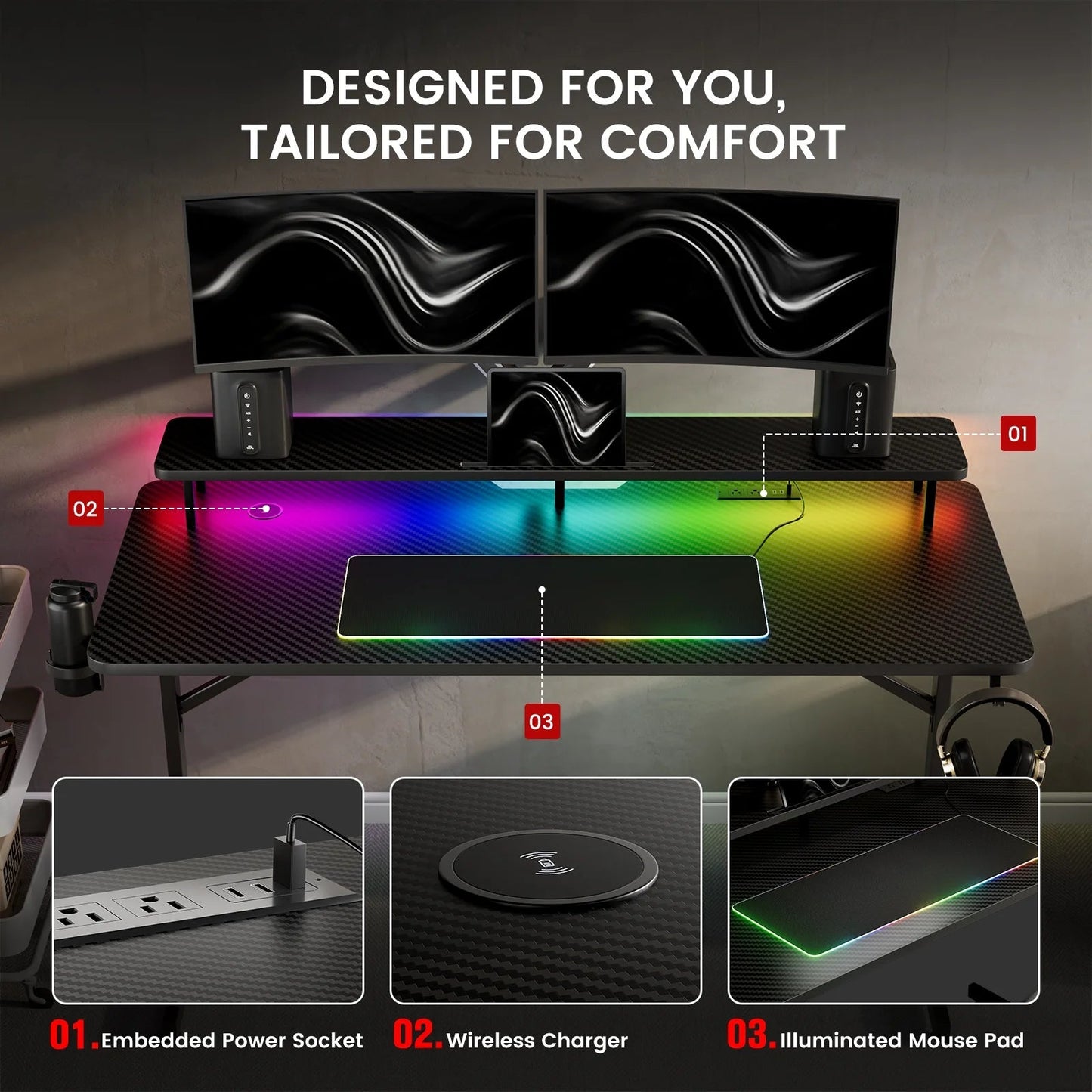 Lumina Elite LED Gaming Desk with USB and Power Outlets, for Home and Office, Monitor Stand and Wireless Charging, Black