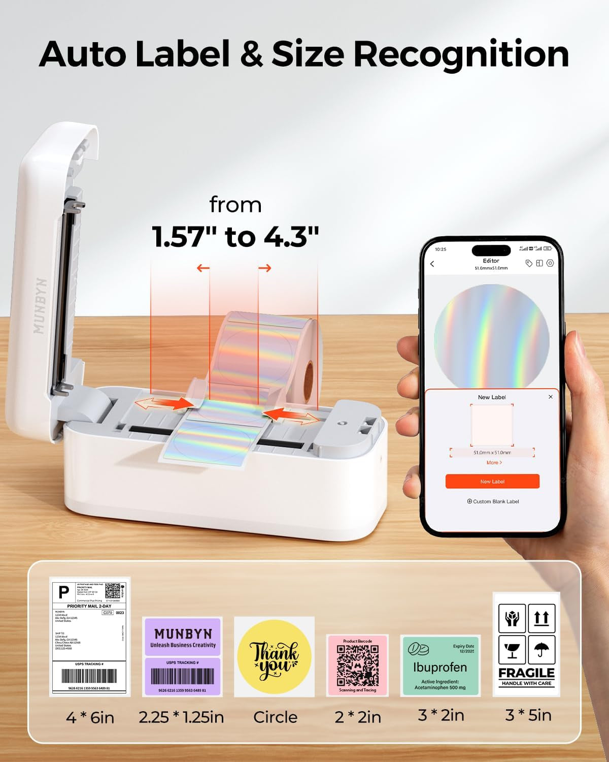 MUNBYN Bluetooth Thermal Label Printer Realwriter RW402B, 4X6 Shipping Label Printer for Small Business, Compatible with Android, Iphone and Windows, Mac, Chromebook, Ebay, USPS, Fedex, Shopify