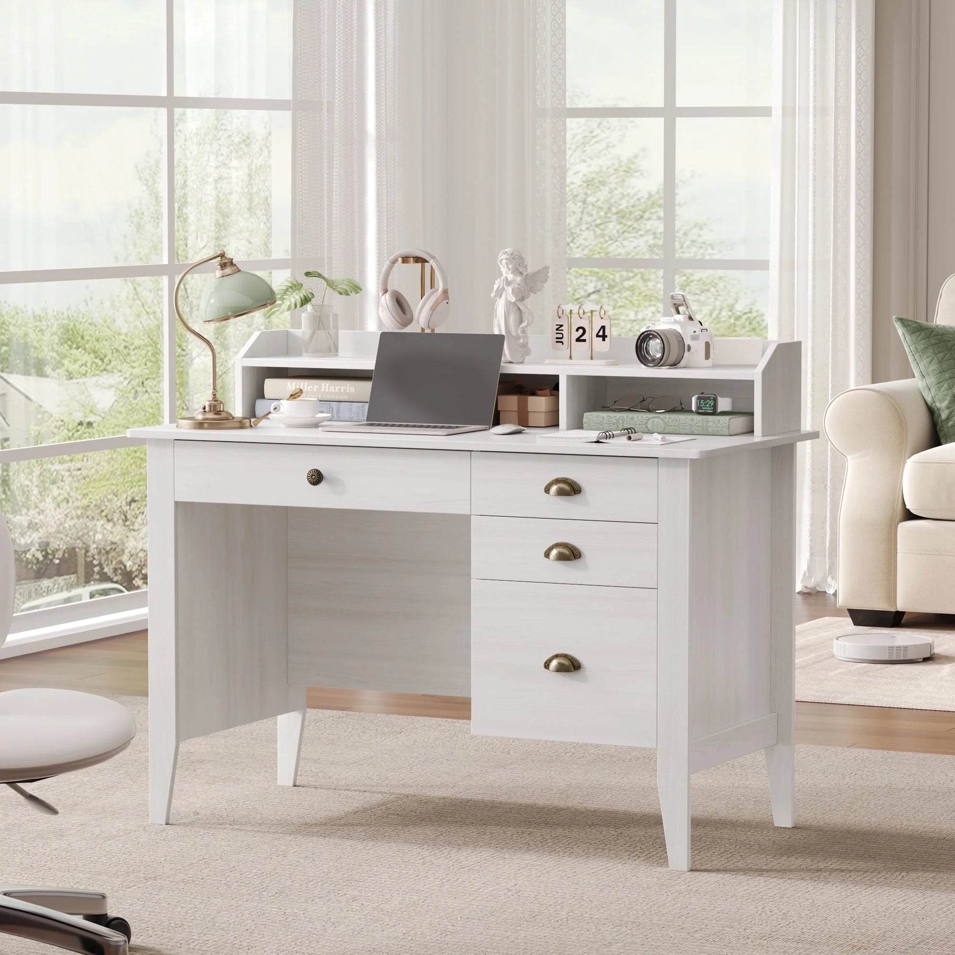 47 in Computer Desk, Home Office Writing Table with 4 Drawers and Hutch Shelf, Oak White