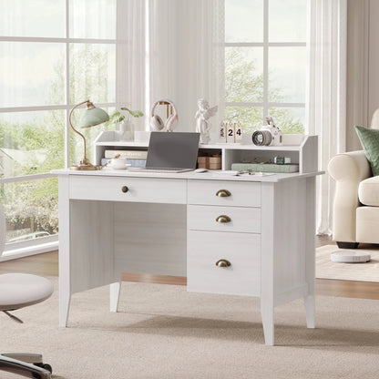 47 in Computer Desk, Home Office Writing Table with 4 Drawers and Hutch Shelf, Oak White