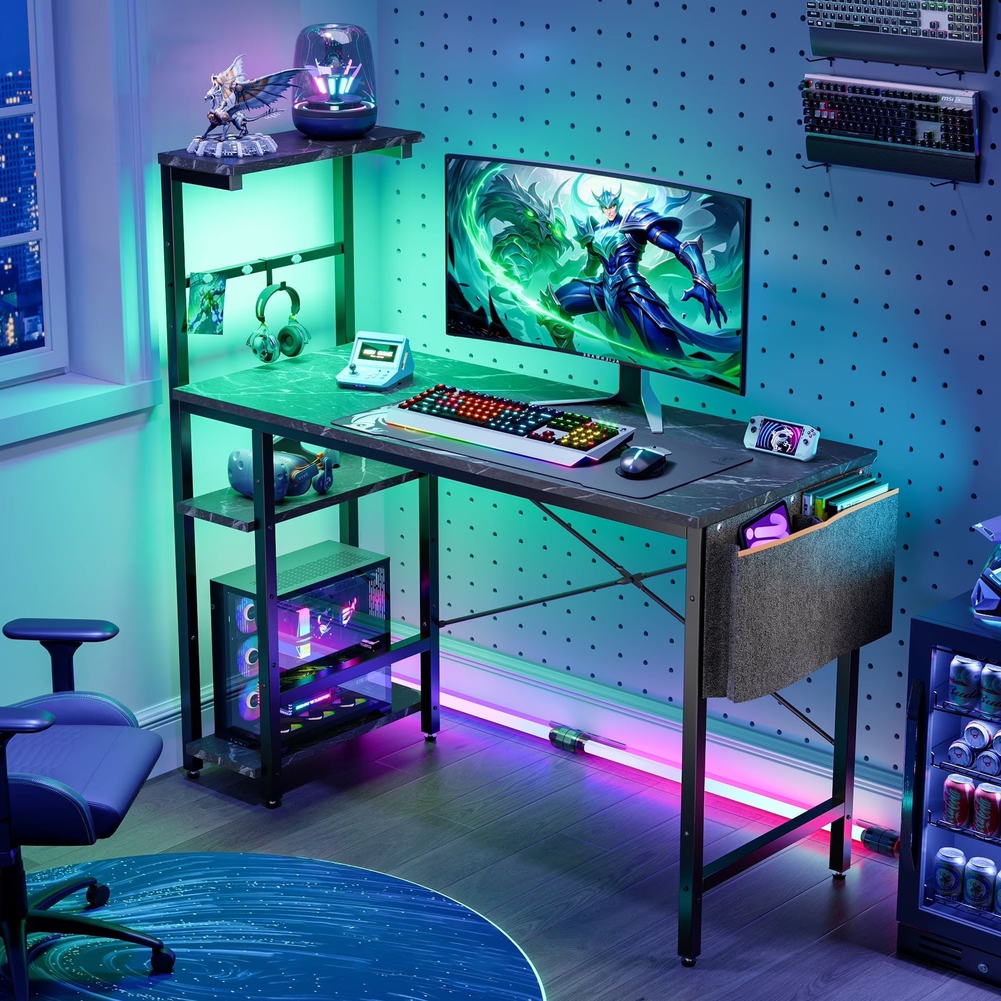 Reversible 44 Inch Computer Desk with LED Lights Gaming Desk with 4 Tier Shelves Black Marble