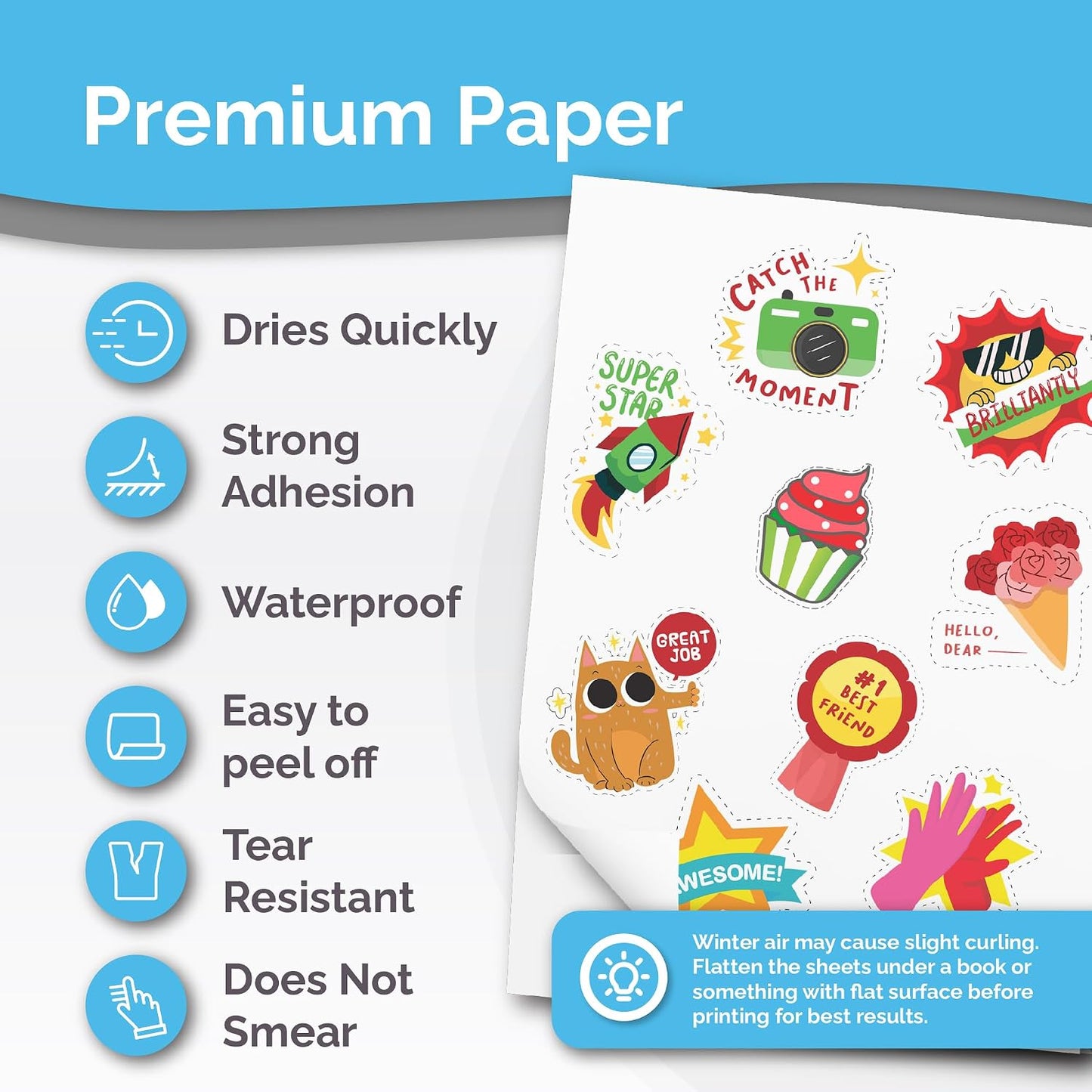 Premium Printable Vinyl Sticker Paper for Inkjet & Laser Printer - 56 Sheets - Glossy White - Self-Adhesive Waterproof Sheets - Dries Quickly & Vivid Colors - Holds Ink Well - Tear Resistant