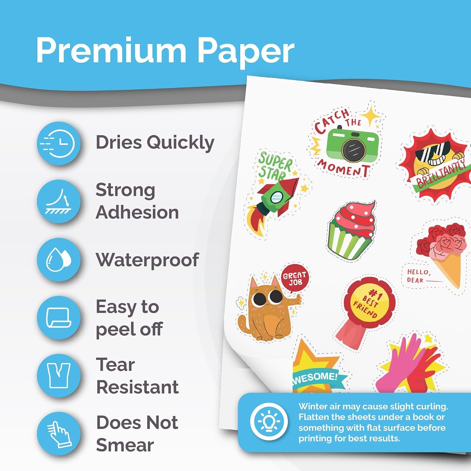 Premium Printable Vinyl Sticker Paper for Inkjet & Laser Printer - 56 Sheets - Glossy White - Self-Adhesive Waterproof Sheets - Dries Quickly & Vivid Colors - Holds Ink Well - Tear Resistant