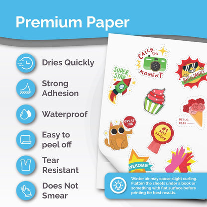 Premium Printable Vinyl Sticker Paper for Inkjet & Laser Printer - 56 Sheets - Glossy White - Self-Adhesive Waterproof Sheets - Dries Quickly & Vivid Colors - Holds Ink Well - Tear Resistant