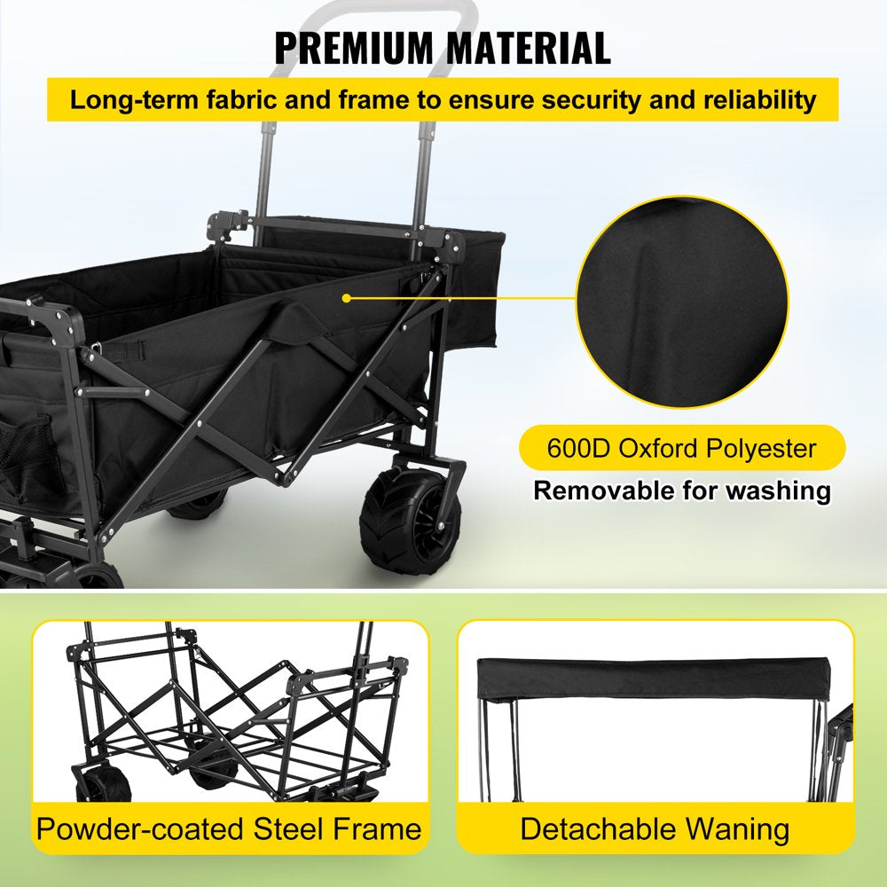 brand Collapsible Wagon Cart Black, Foldable Wagon Cart Removable Canopy 602D Oxford Cloth, Collapsible Wagon Oversized Wheels, Portable Folding Wagon Adjustable Handles, Beach, Garden, Sports