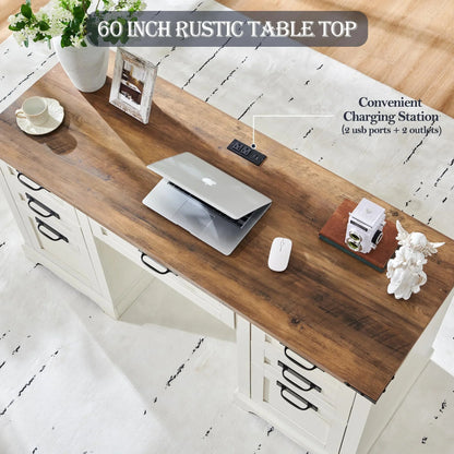 Wood Computer Writing Desk Farmhouse Executive Desk, Rustic Office Desk with Charging Station and Keyboard Tray,Home Workstations with File Drawer, Storage Cabinet, White