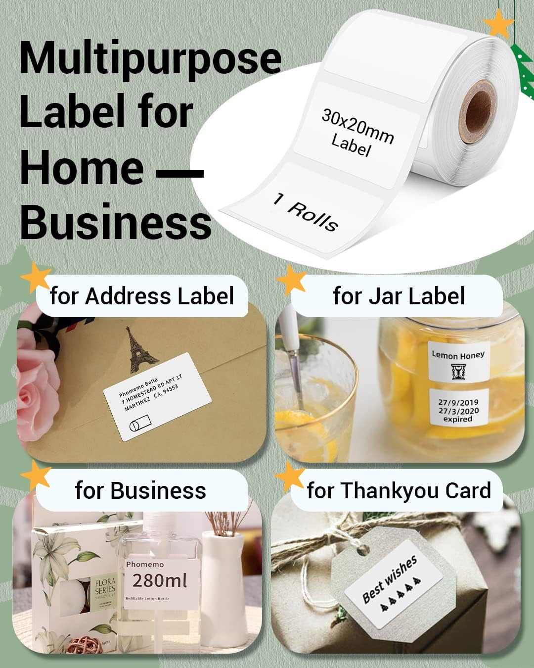 Phomemo Thermal Labels for M110/M221/M220/M120/M200 Label Printer,1.18" X 0.79" (30X20Mm), 300 Labels/Roll, Black on White