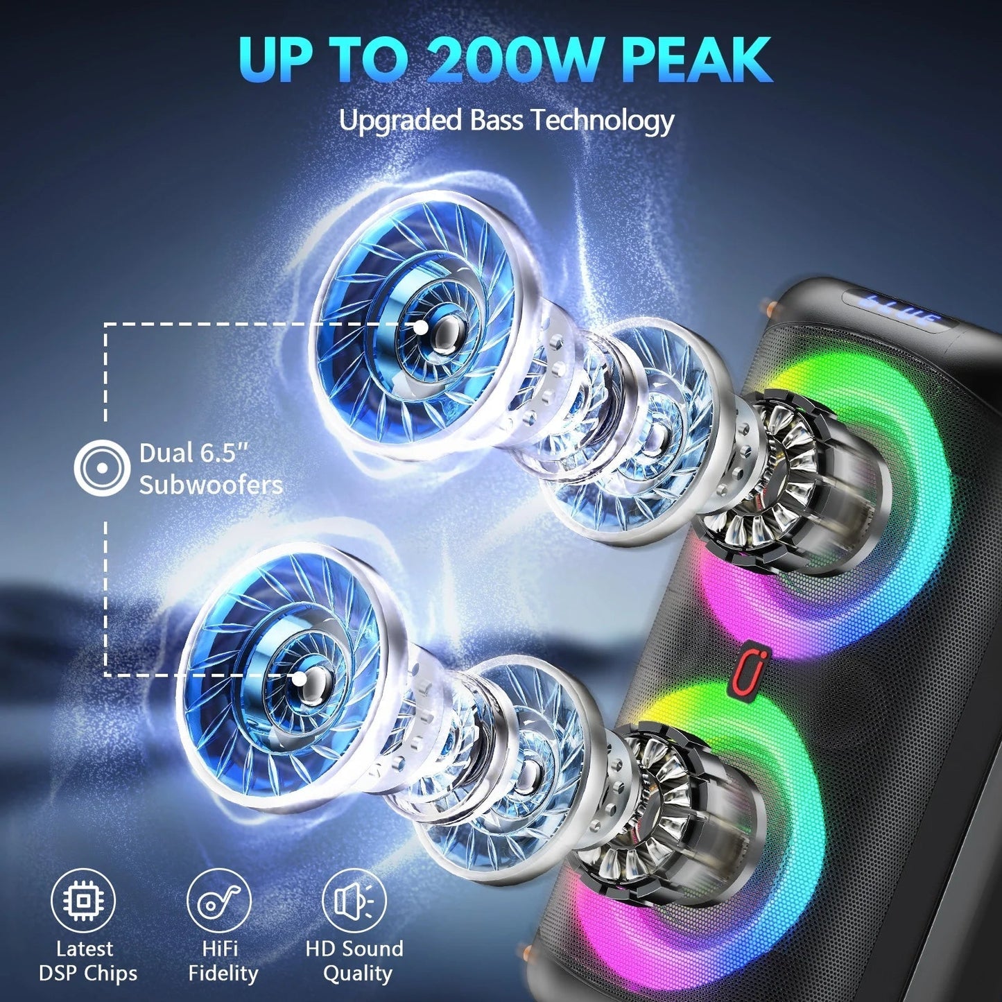 Bluetooth Party Speaker, Dual 6.5'' Subwoofer Loud Portable Speaker with 2 Microphones, T27-T