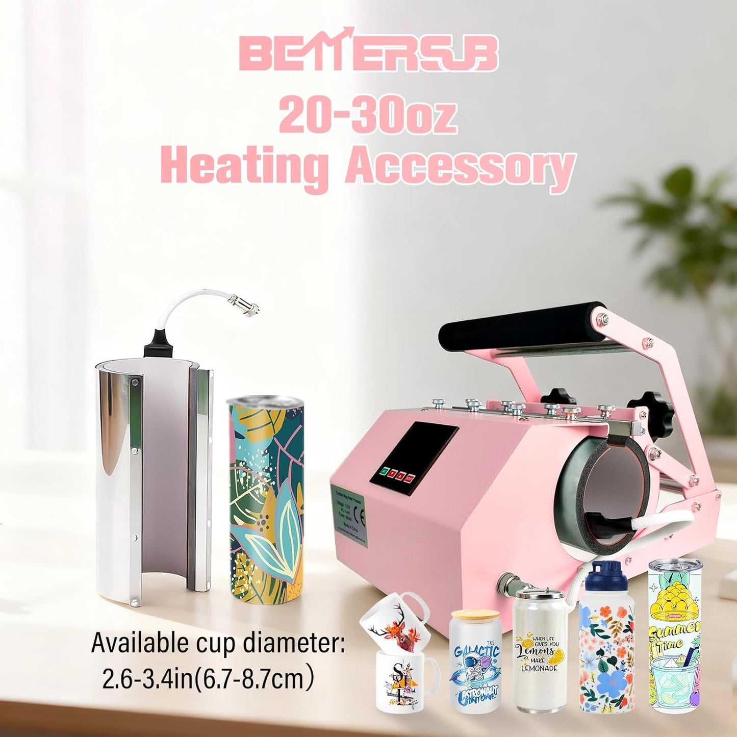 Bettersub 3In1 Tumbler Mug Heat Press Machine 30 OZ 20 OZ 16 OZ Sublimation Straight Skinny Tumbler Mug 3 OZ 1.5 OZ Shot Glass,11 OZ 15 OZ 16 OZ Sublimation Mug Heat Transfer Pink