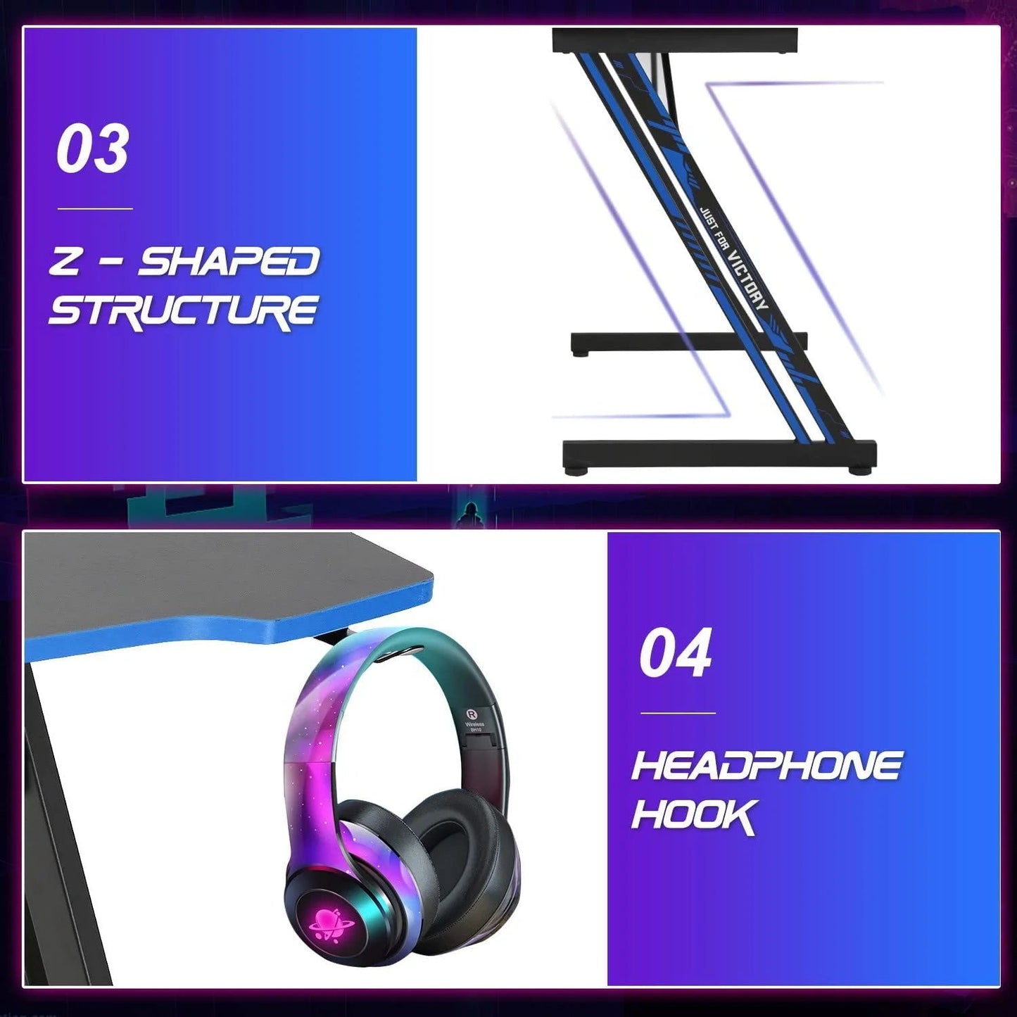 Modern Z-Shaped Computer Desk for Home Office with Headphone Hook,Blue, 47 In,Adults