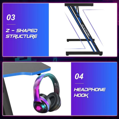 Modern Z-Shaped Computer Desk for Home Office with Headphone Hook,Blue, 47 In,Adults