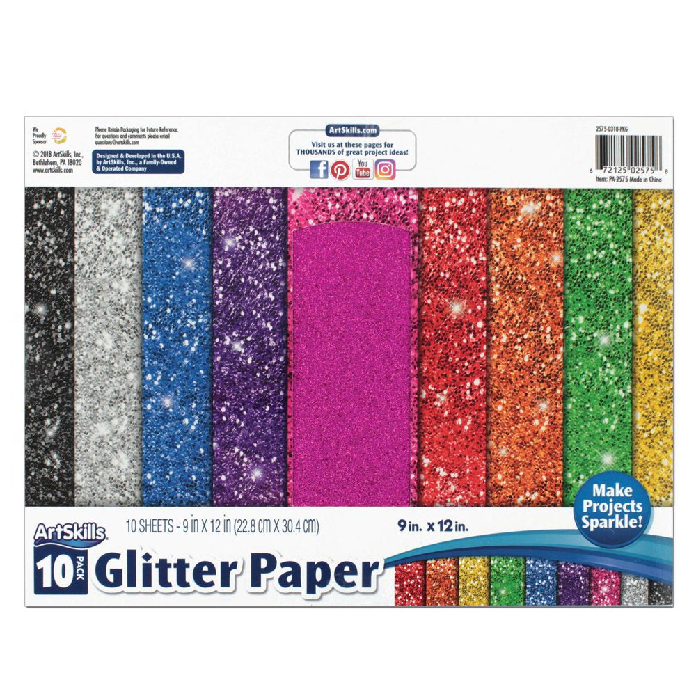 9 In. X 12 In. Sparkle Glitter Craft Paper, Assorted Colors, 10 Sheets