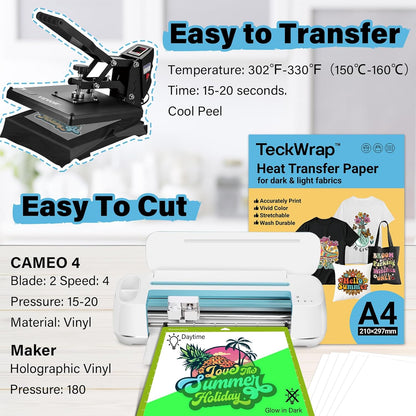 Printable Heat Transfer Paper for T-Shirts 10 Sheets, 8.3" X 11.7" Printable Heat Transfer Vinyl for Inkjet Printer, Iron on Transfer Paper for Light and Dark Fabric (Glow in Dark)