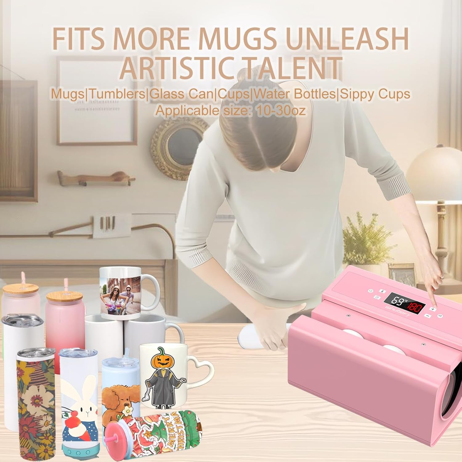 Whubefy Auto Tumbler Heat Press Machine, Pink Mug Heat Press for 10-30Oz 2.9-3.34 Inch Heating Even & Fast, Pro Tumbler Press Machine with Starter Kit, Sublimation for Tumbler, Glass Jar, Can & Mugs