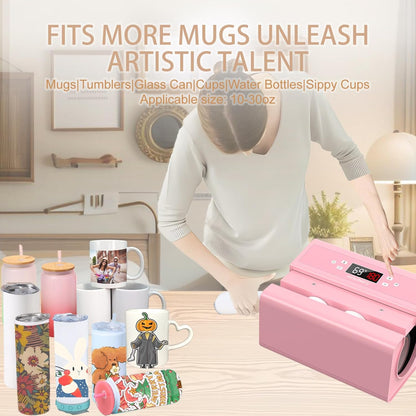 Whubefy Auto Tumbler Heat Press Machine, Pink Mug Heat Press for 10-30Oz 2.9-3.34 Inch Heating Even & Fast, Pro Tumbler Press Machine with Starter Kit, Sublimation for Tumbler, Glass Jar, Can & Mugs