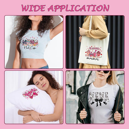 Dtf Transfers Ready to Press - 30Pcs Mother'S Day Iron on Transfers for Tshirts, Mama Bow Iron on Decals Patches, Pink Coquettee Heat Transfer Stickers for Clothes Pillows Bag DIY Crafts