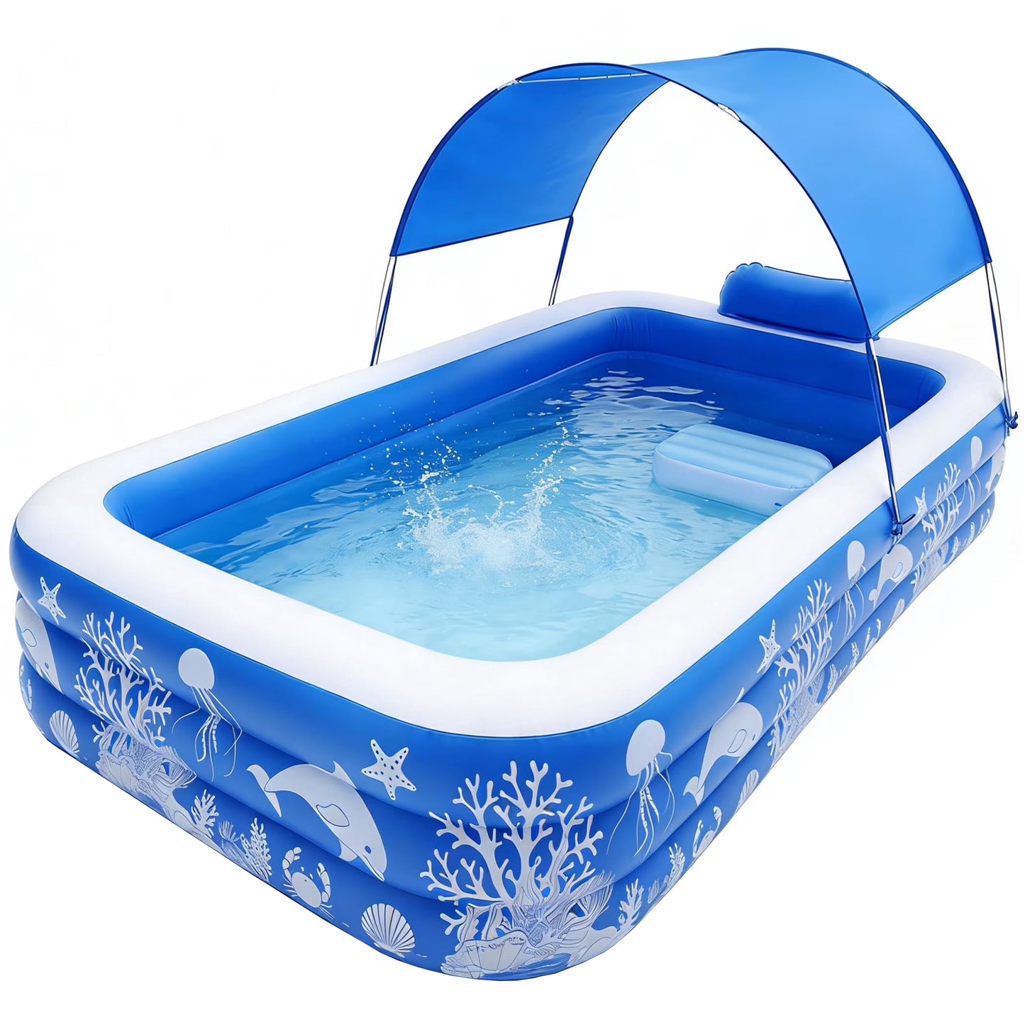 Inflatable Pool with Canopy, Family Size Swimming Pool Thickened Kiddie Pool for Kids Children Family Outdoor, 120'' X 68'' X 57''