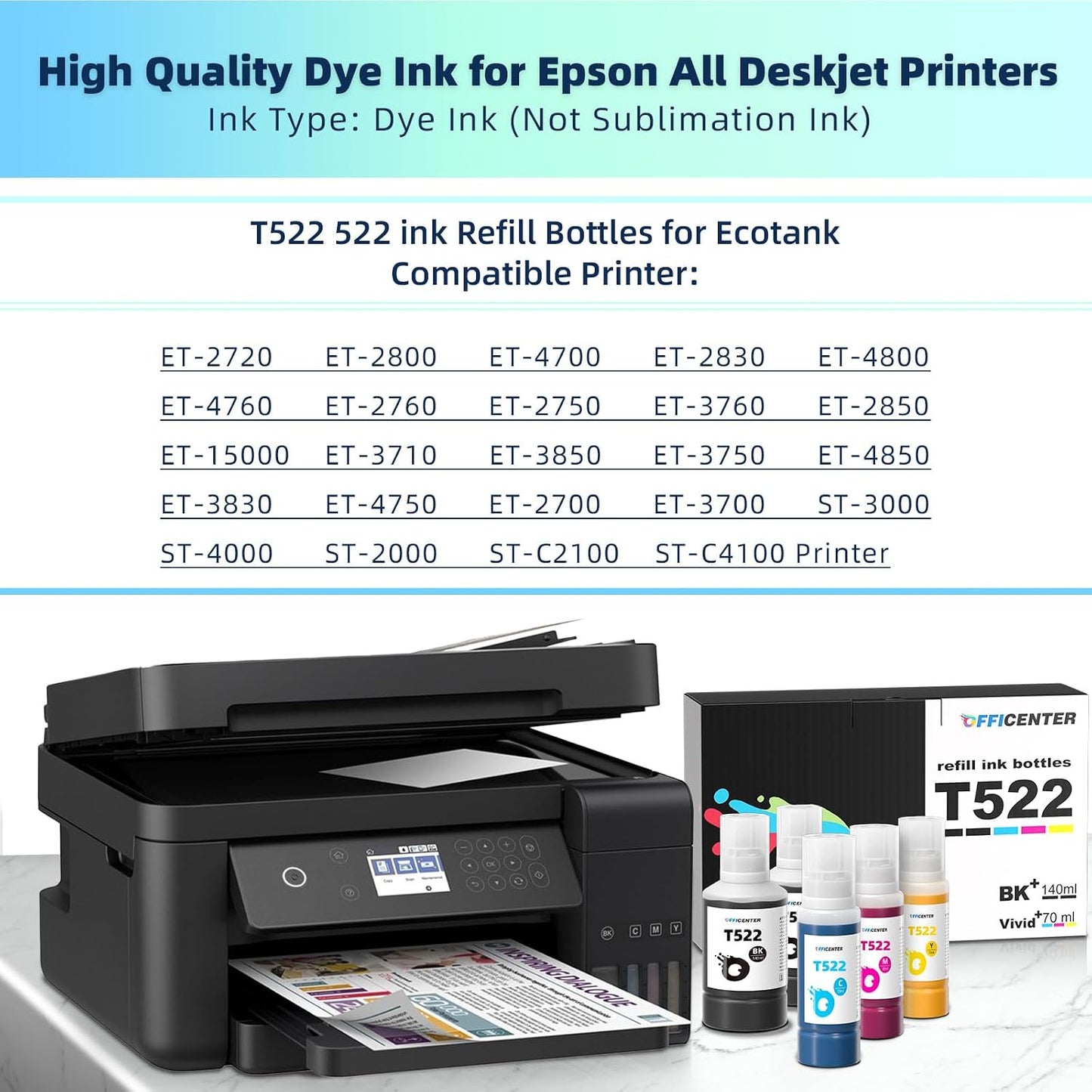 OFFICENTER T522 522 Ink Refill Bottles for ET-2760 ET-4760 ET-2750 ET-2720 ET-3760 ET-2850 ET-15000 ET-2800 ET-4700 ST-4000 ST-2000 ET-3710 ET4810 ET-3850 ET-3750 ET-2803 Printer (2BK C M Y)