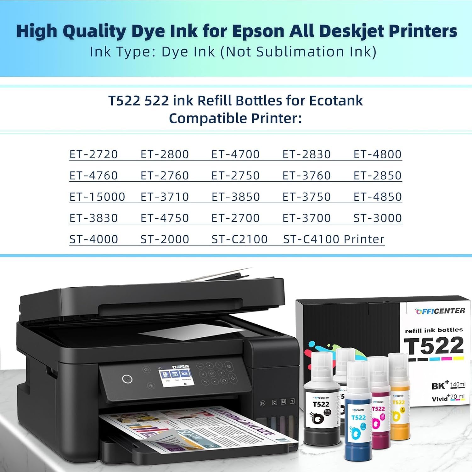OFFICENTER T522 522 Ink Refill Bottles for ET-2760 ET-4760 ET-2750 ET-2720 ET-3760 ET-2850 ET-15000 ET-2800 ET-4700 ST-4000 ST-2000 ET-3710 ET4810 ET-3850 ET-3750 ET-2803 Printer (2BK C M Y)