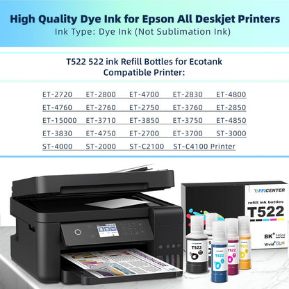 OFFICENTER T522 522 Ink Refill Bottles for ET-2760 ET-4760 ET-2750 ET-2720 ET-3760 ET-2850 ET-15000 ET-2800 ET-4700 ST-4000 ST-2000 ET-3710 ET4810 ET-3850 ET-3750 ET-2803 Printer (2BK C M Y)