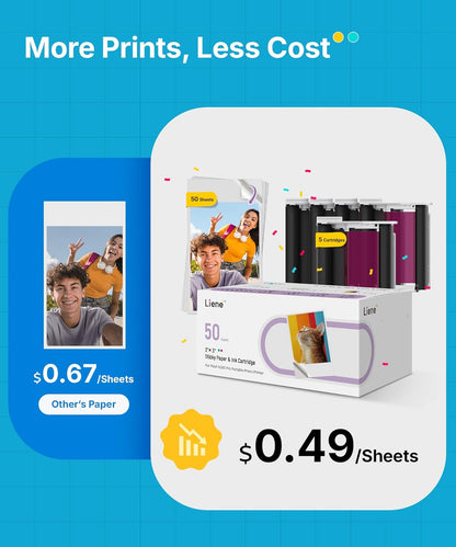 Liene Pearl N200 Pro Portable Photo Printer, Instant Mini Picture Printer for Iphone Smartphone, Thermal Dye Sublimation, Bluetooth Sticker Printer 50 Sheets 2X3 Adhesive Paper & 5 Cartridges, Gold