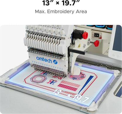 Omtech Pulse 15 Needle Commercial Embroidery Machine, 13" X 20" Multi-Color Stitching Machine with Wifi 1000Spm Max Speed 10" Touchscreen, 270° Cap Flat Garment Digital Threading Machine with Hoops