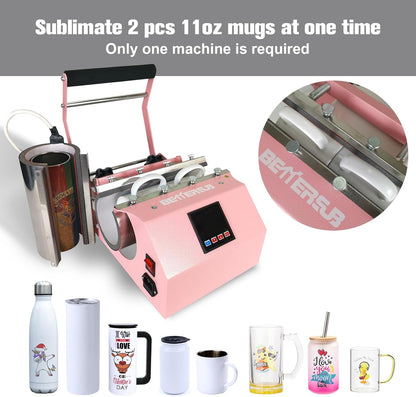 Bettersub 3In1 Tumbler Mug Heat Press Machine 30 OZ 20 OZ 16 OZ Sublimation Straight Skinny Tumbler Mug 3 OZ 1.5 OZ Shot Glass,11 OZ 15 OZ 16 OZ Sublimation Mug Heat Transfer Pink