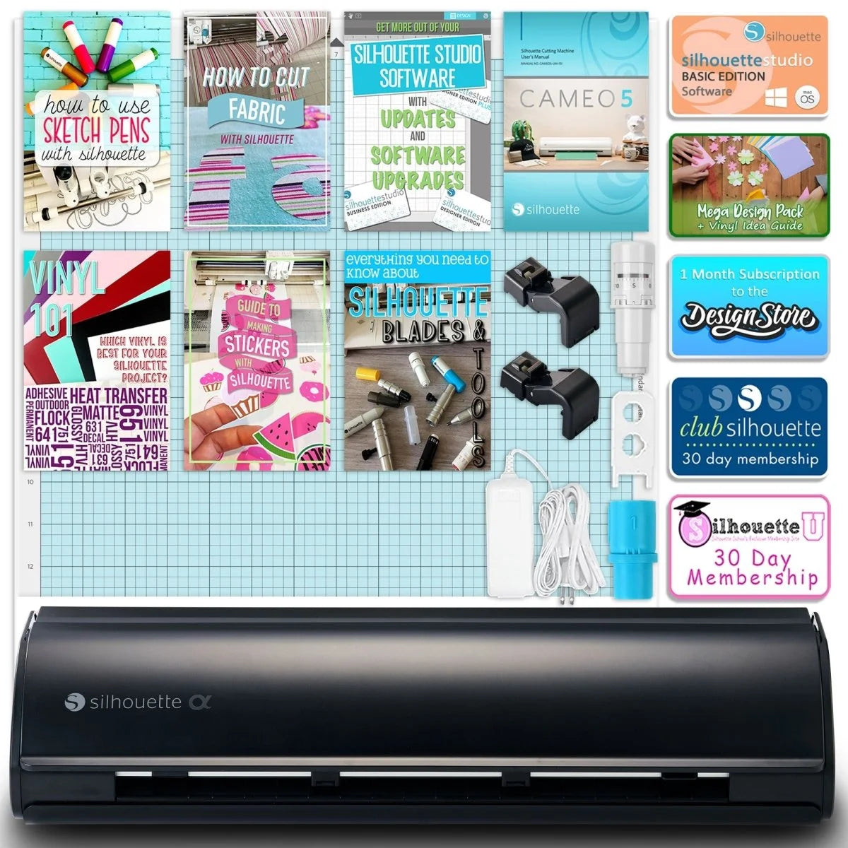 Silhouette Black Cameo 5Α Alpha W/ 38 Oracal Sheets, Siser HTV, Guides, 24 Pens