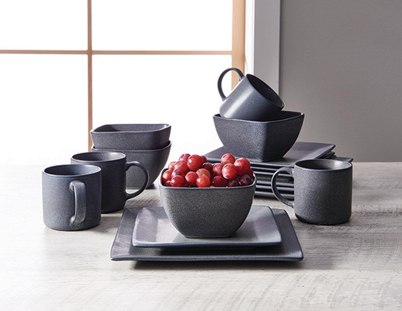 '- Dark Gray Square Stoneware 16-Piece Dinnerware Set