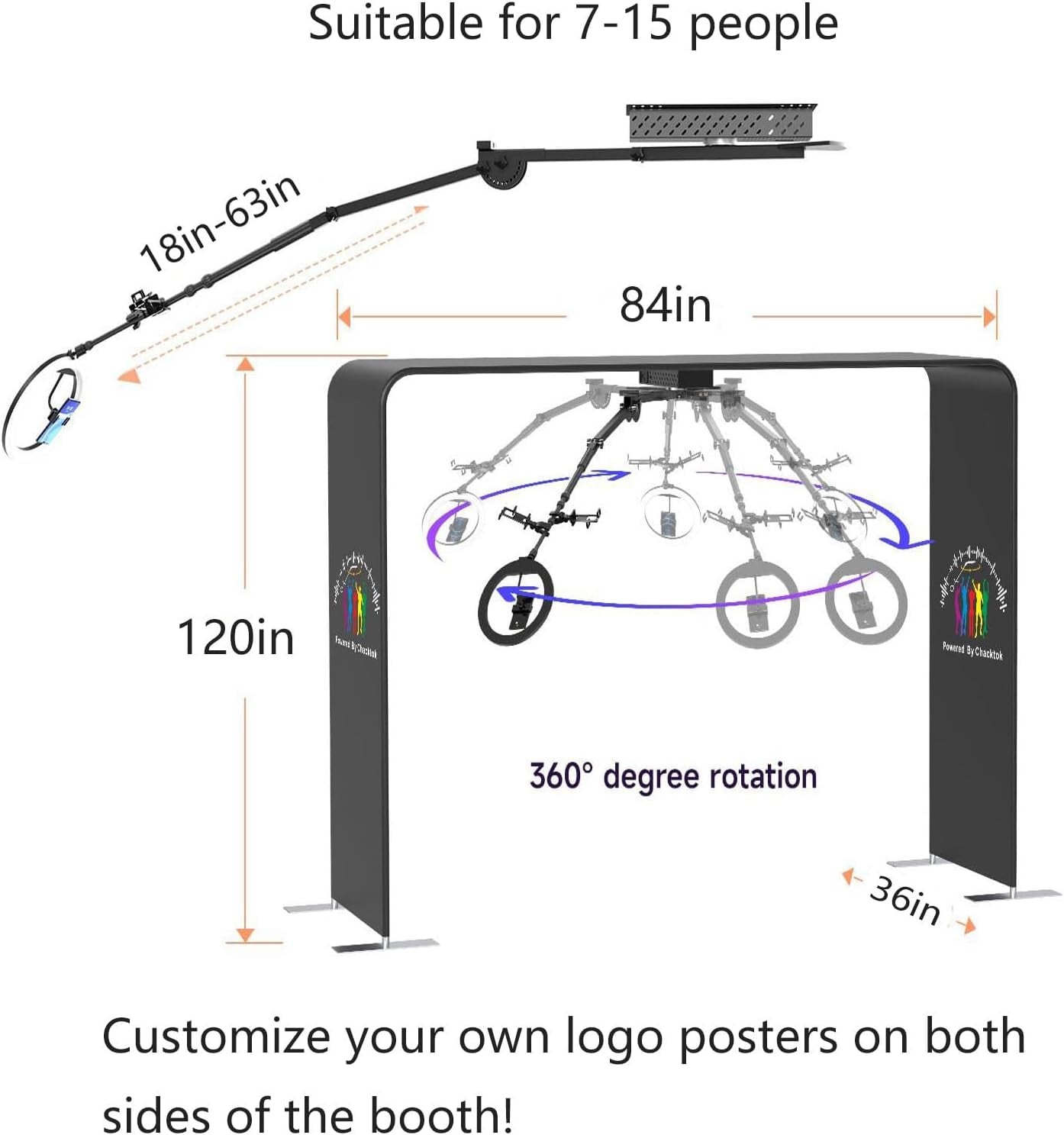 MWE Sky Overhead 360 Photo Booth for Big Parties with Software APP Remote Control Rotating 360-Degree Full Body Spin with Ring Light and Stand for up to 15 People (Booth+Arm)
