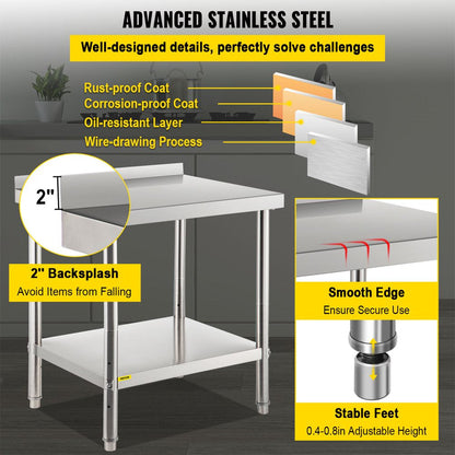 Stainless Steel Prep Table, 30 X 24 X 35 Inch, 440Lbs Load Capacity Heavy Duty Metal Worktable with Backsplash and Adjustable Undershelf, Commercial Workstation for Kitchen Restaurant