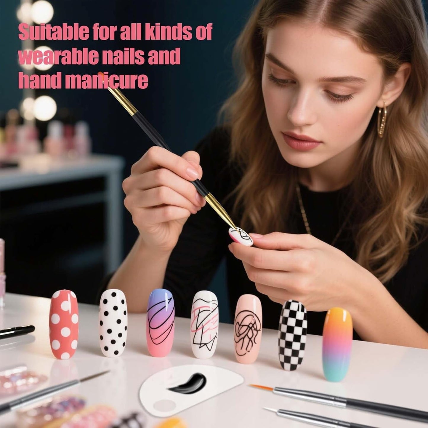 Artdone Nail Dotting Tools 32PCS Double-Ended Nail Art Brushes Kit Nail Art Gel Polish Liner Brushes Design Pen for Nail Drawing and Nail Paint Brushes Small Detail Brushes