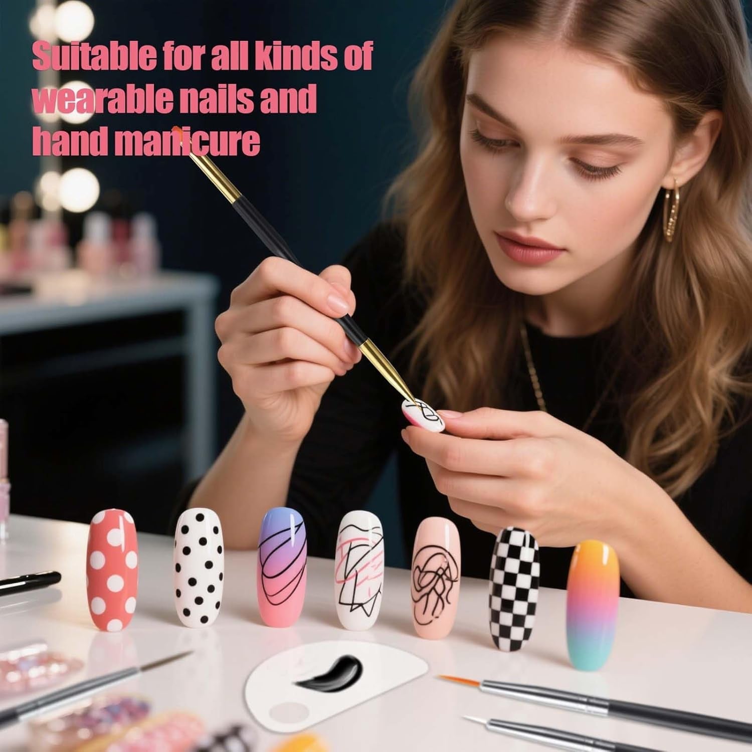 Artdone Nail Dotting Tools 32PCS Double-Ended Nail Art Brushes Kit Nail Art Gel Polish Liner Brushes Design Pen for Nail Drawing and Nail Paint Brushes Small Detail Brushes