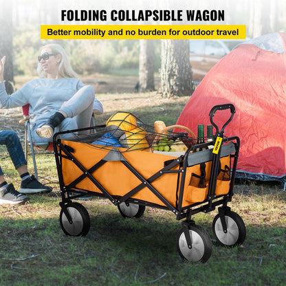 brand Collapsible Wagon Cart ,Folding Wagon Cart , 176 Lbs Load Beach Wagon Oversized Wheels, Portable Folding Wagon Adjustable Handles for Beach, Garden, Sports, Camping, Orange & Gray