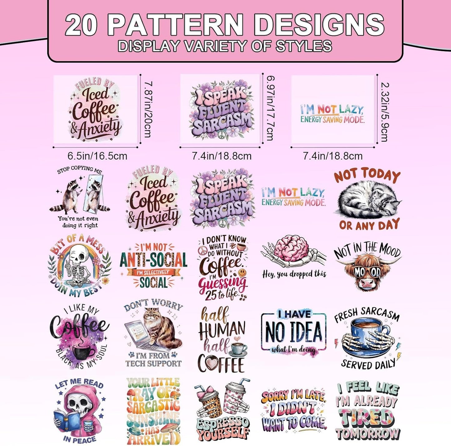 Dtf Transfers Ready to Press - 20 Pcs Sarcastic Quotes Iron on Patches for T-Shirts, Funny Animals Iron on Stickers Humorous Heat Transfer Vinyl Decals for DIY Fabric Clothes Decor