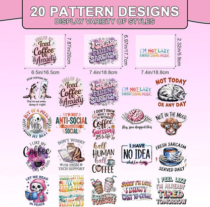 Dtf Transfers Ready to Press - 20 Pcs Sarcastic Quotes Iron on Patches for T-Shirts, Funny Animals Iron on Stickers Humorous Heat Transfer Vinyl Decals for DIY Fabric Clothes Decor