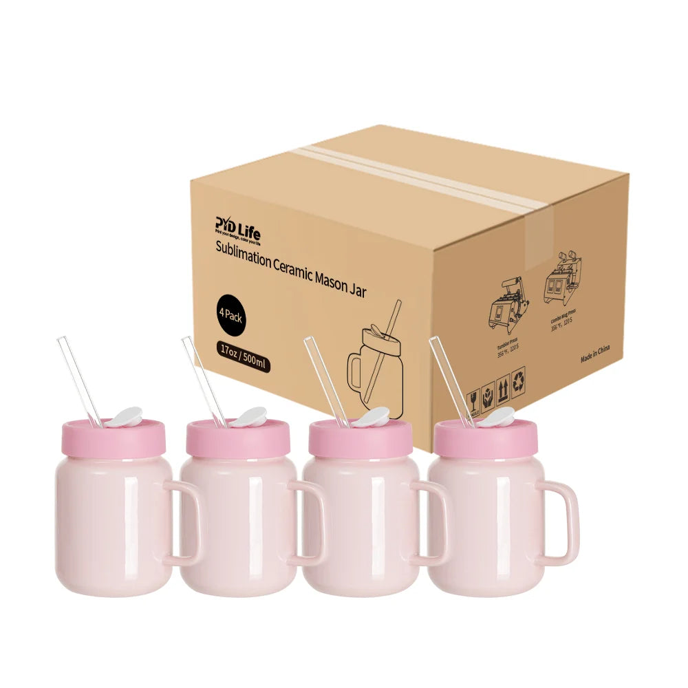 Sublimation Ceramic Mason Jar Full Color with Handle, Silicon Lid and Glass Straw 17 OZ 4 Pack (3 Color Options)