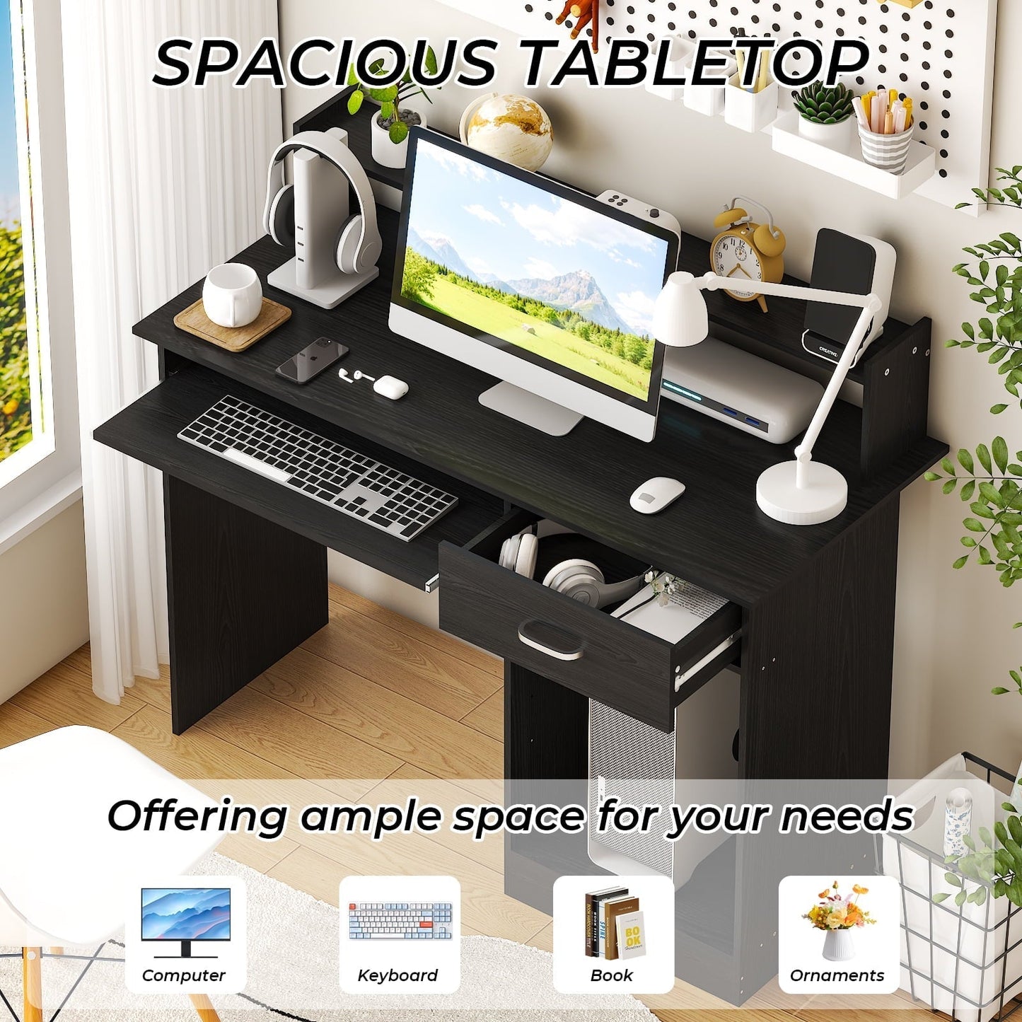 Wood Computer Desk Office Black Laptop PC Work Table Home Drawer & Keyboard Tray