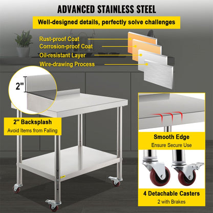 Stainless Steel Prep Table, 24 X 15 X 35 Inch, 440Lbs Load Capacity Heavy Duty Metal Worktable with Backsplash Adjustable Undershelf & 4 Casters, Commercial Workstation for Kitchen Restaurant