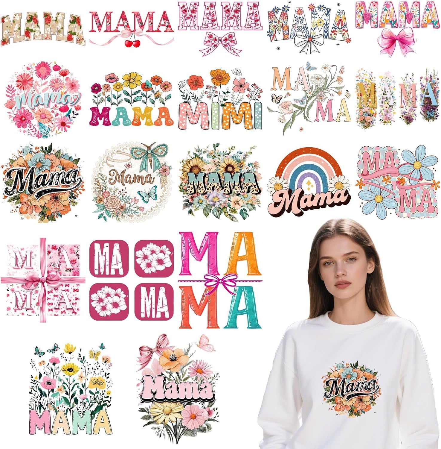 Dtf Transfers Ready to Press - 20Pcs Mother'S Day Iron on Transfers for Tshirts, Floral Mama Iron on Decals Patches, Flower Mama Heat Transfer Stickers for Clothes Pillows Bag DIY Crafts
