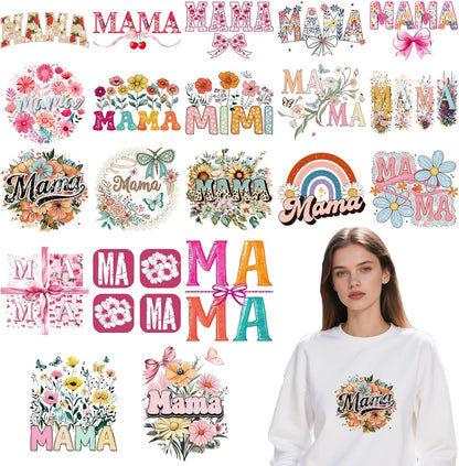 Dtf Transfers Ready to Press - 20Pcs Mother'S Day Iron on Transfers for Tshirts, Floral Mama Iron on Decals Patches, Flower Mama Heat Transfer Stickers for Clothes Pillows Bag DIY Crafts