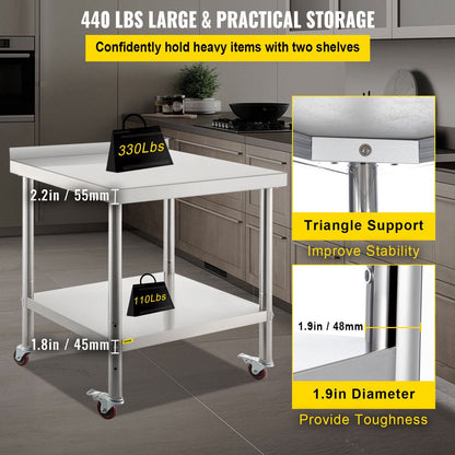 Stainless Steel Prep Table, 24 X 15 X 35 Inch, 440Lbs Load Capacity Heavy Duty Metal Worktable with Backsplash Adjustable Undershelf & 4 Casters, Commercial Workstation for Kitchen Restaurant