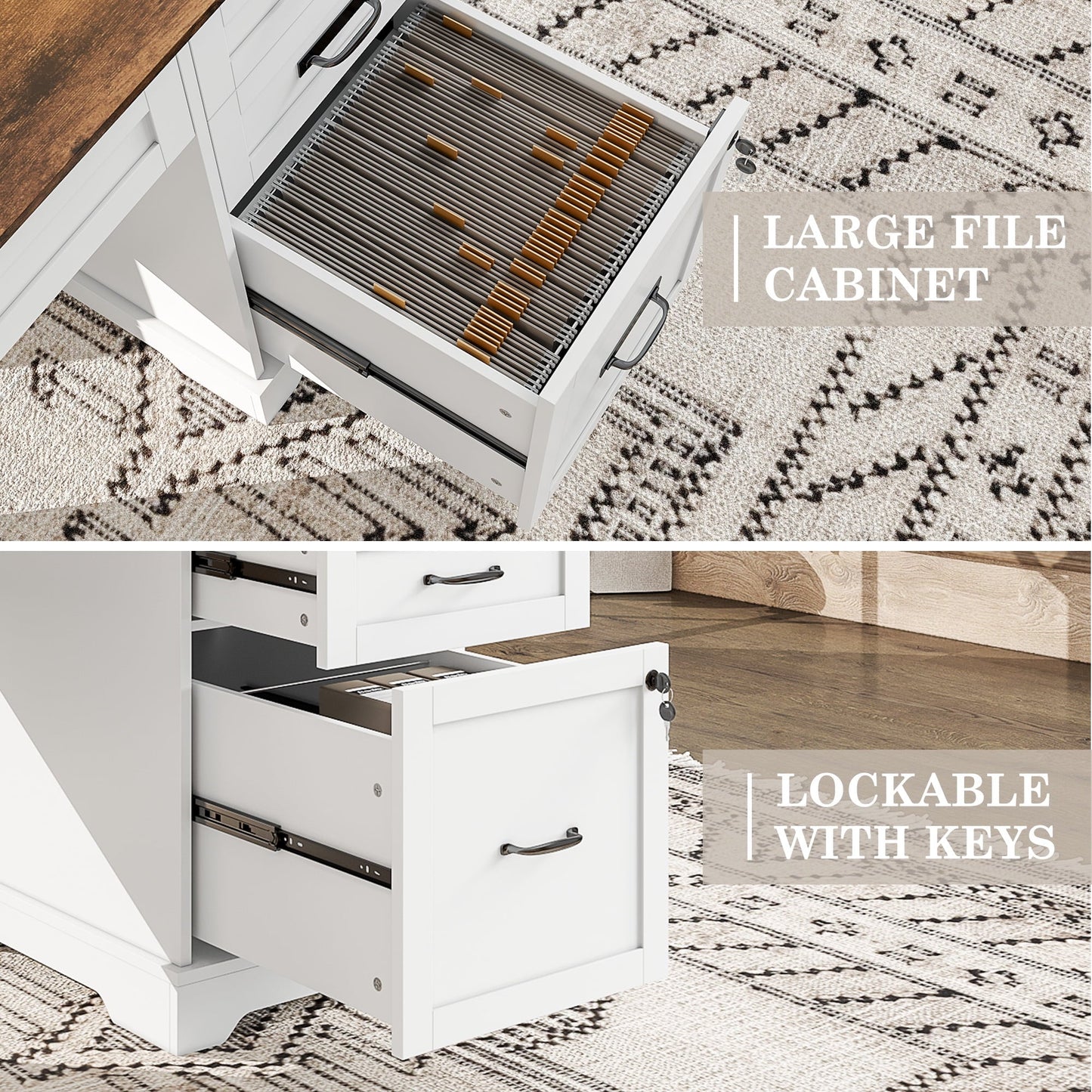 Executive Desk with File Drawers, 55'' Farmhouse Desk Modern for Adult Home Office, White