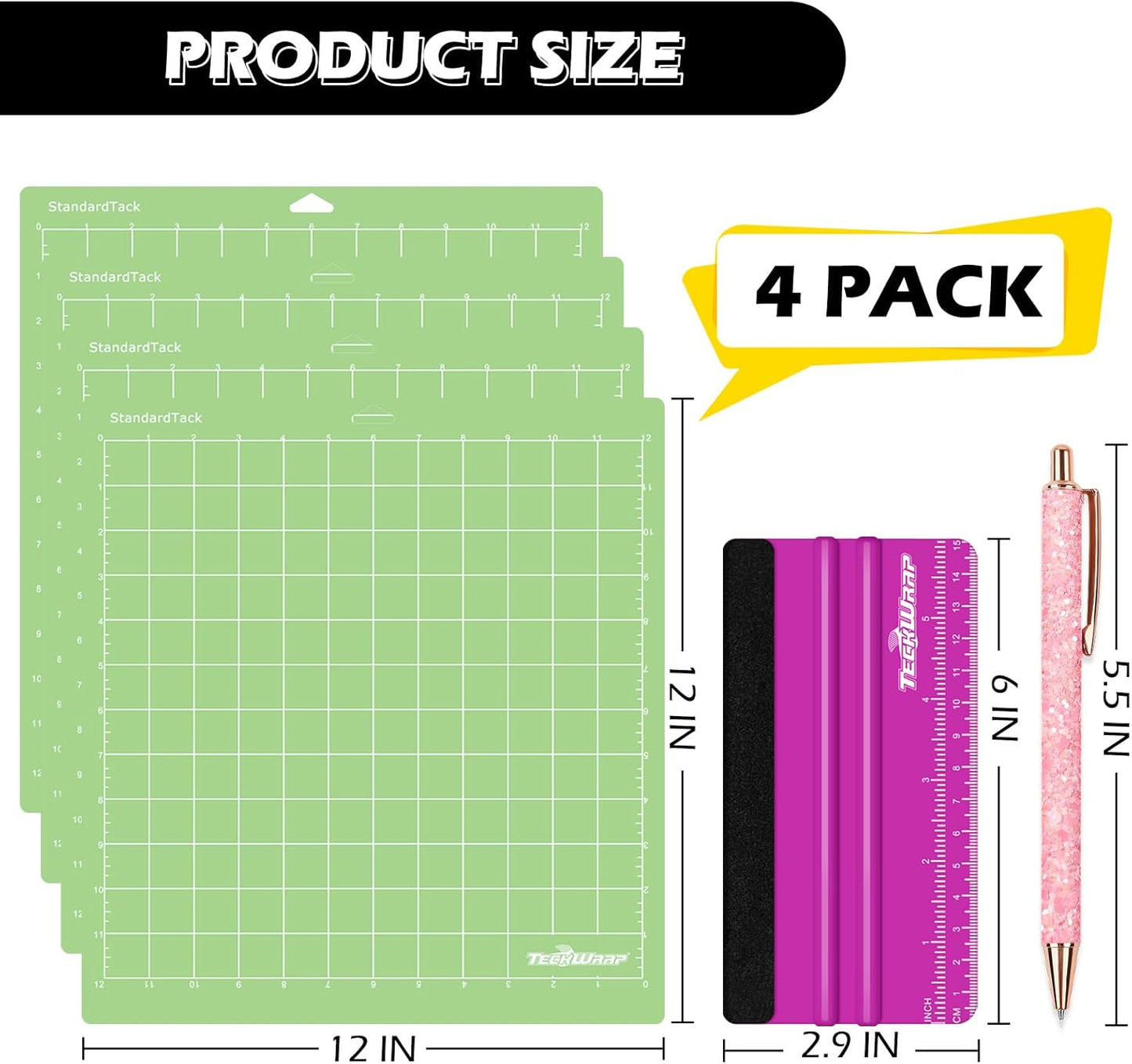 4 Pack 12"X12" Green Standard Adhesive Cutting Mats, with Precision Vinyl Pin Pen & 6 Inch Squeegee - Ideal for HTV, Vinyl, Quilting & Crafting, Compatible with Popular Cutting Machines