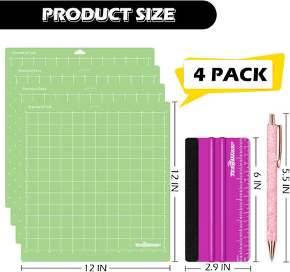4 Pack 12"X12" Green Standard Adhesive Cutting Mats, with Precision Vinyl Pin Pen & 6 Inch Squeegee - Ideal for HTV, Vinyl, Quilting & Crafting, Compatible with Popular Cutting Machines